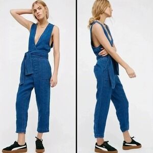 Free People MORNING STAR 100% Linen Jumpsuit Blue Tie Waist CROP WOMEN SMALL‎